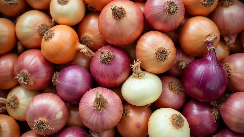Collection d'oignons de différentes variétés - jaunes, rouges et blancs